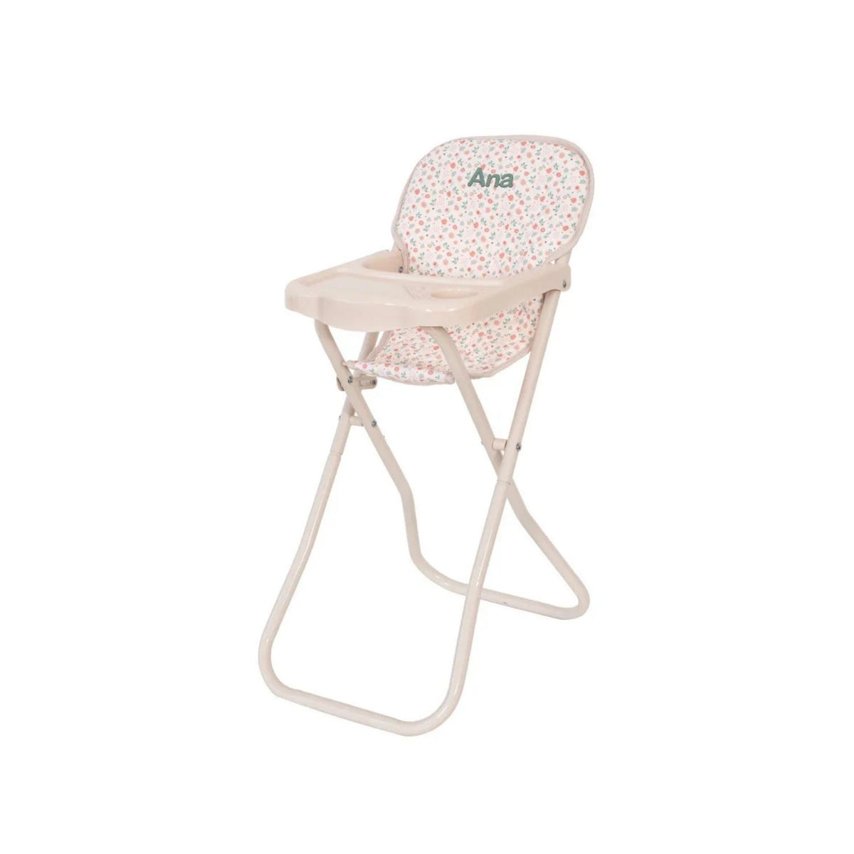 Trona plegable para muñecas de hasta 45 cm. Estructura de metal resistente, ligera, fácil de guardar y con asiento lavable a 30 ºC. ¡Hora de comer jugando!