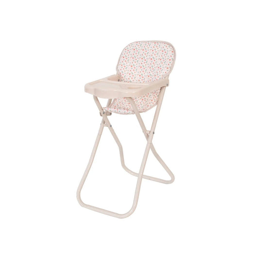 Trona plegable para muñecas de hasta 45 cm. Estructura de metal resistente, ligera, fácil de guardar y con asiento lavable a 30 ºC. ¡Hora de comer jugando!