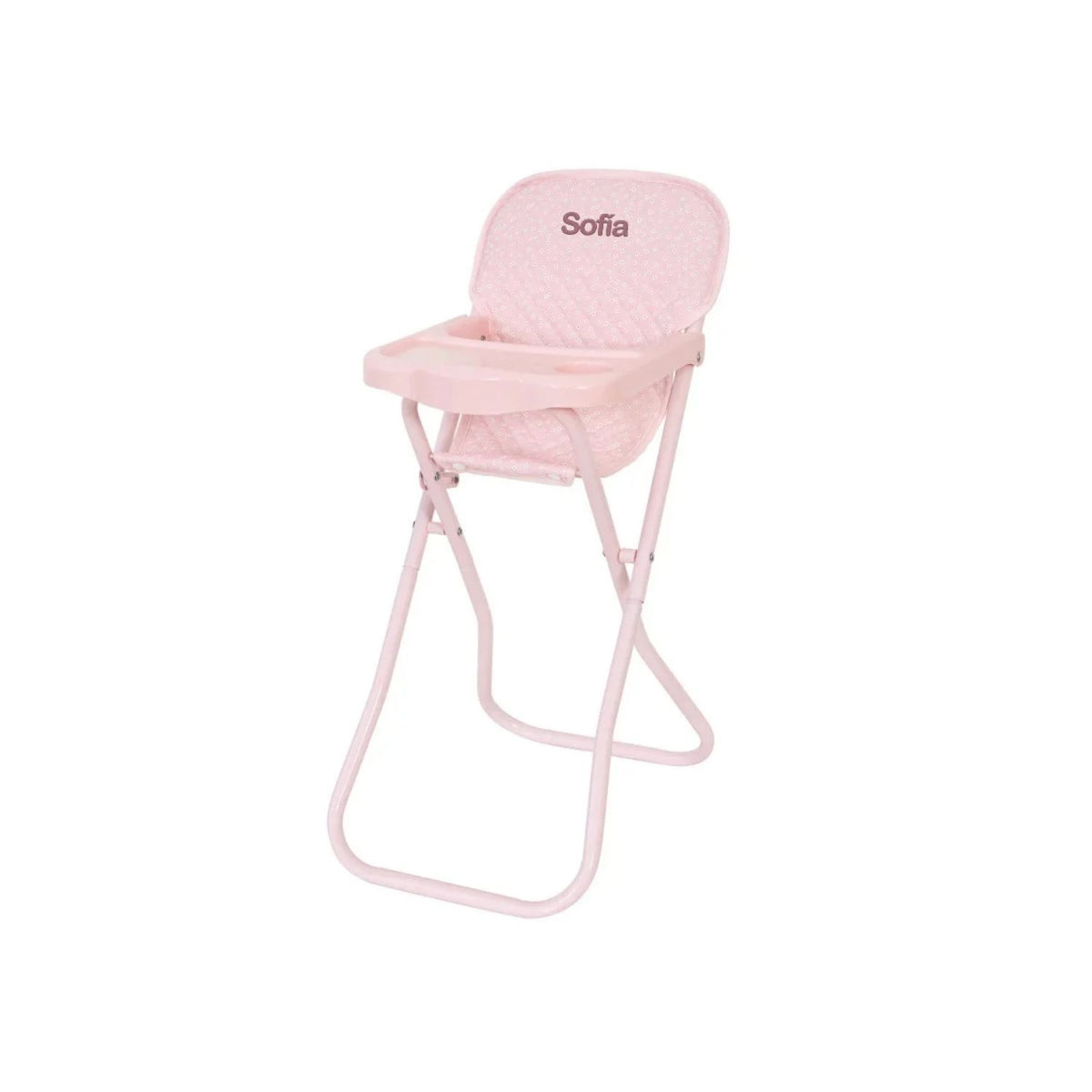 Trona plegable para muñecas de hasta 45 cm. Estructura de metal resistente, ligera, fácil de guardar y con asiento lavable a 30 ºC. ¡Hora de comer jugando!