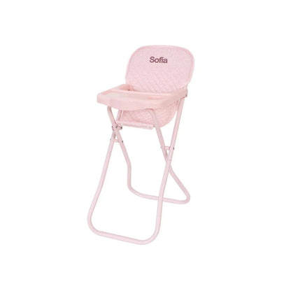 Trona plegable para muñecas de hasta 45 cm. Estructura de metal resistente, ligera, fácil de guardar y con asiento lavable a 30 ºC. ¡Hora de comer jugando!