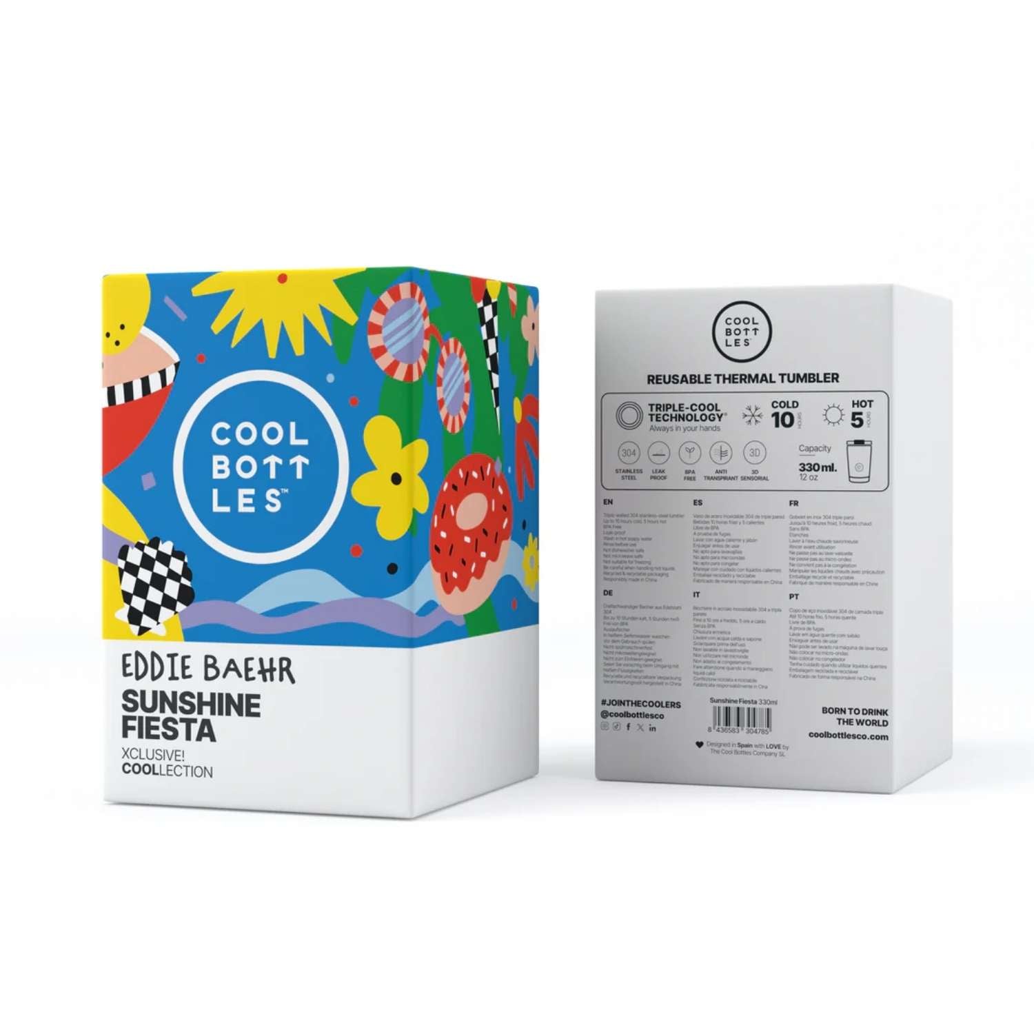 Compra el vaso térmico Cool Bottles The Tumbler Sunshine Fiesta de 330ml. Diseño tropical exclusivo de Eddie Baehr con relieve 3D y tecnología Triple Cool.