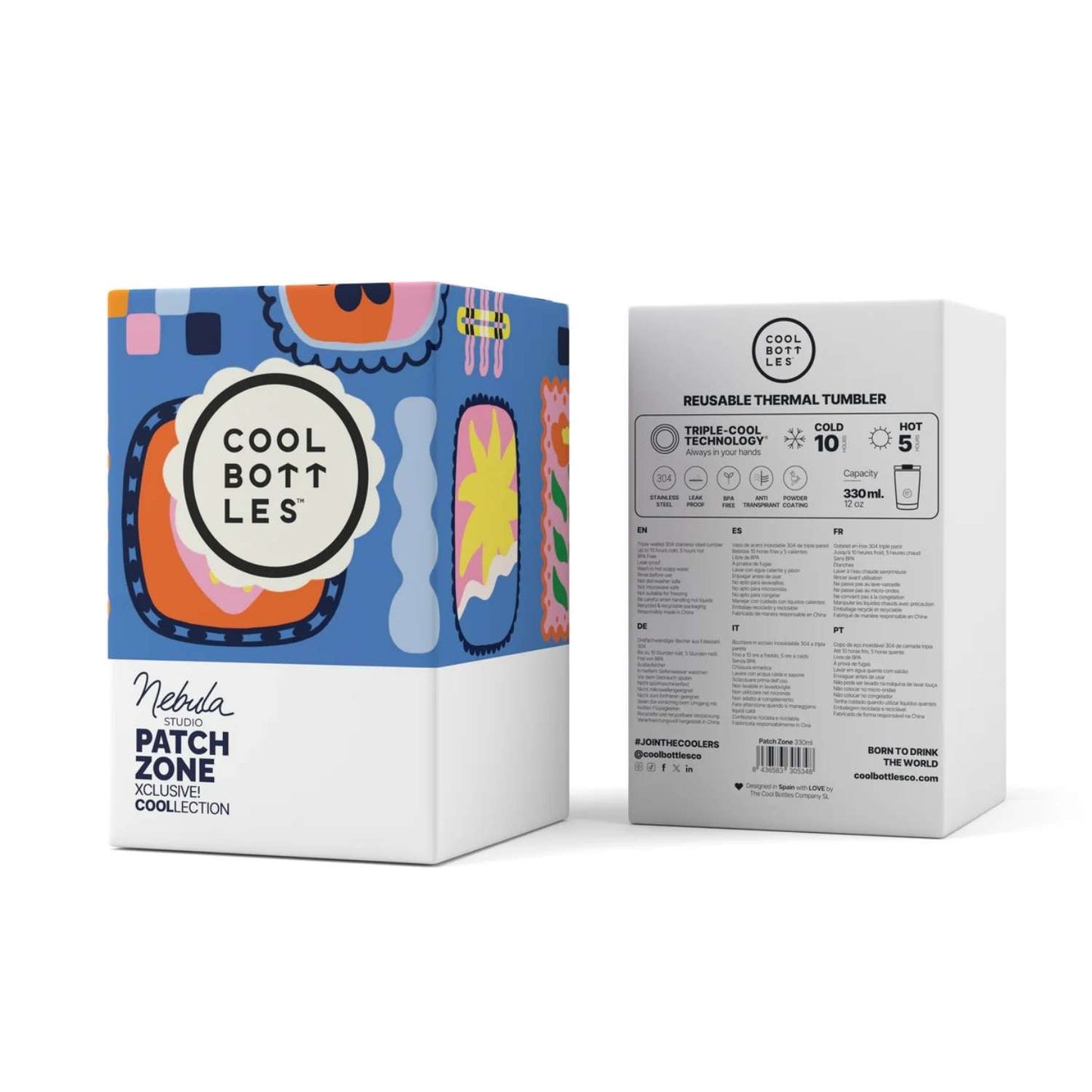 Compra el vaso térmico Cool Bottles The Tumbler Patch Zone de 330ml. Diseño urbano de parches con relieve 3D, libre de BPA y tecnología térmica Triple Cool.