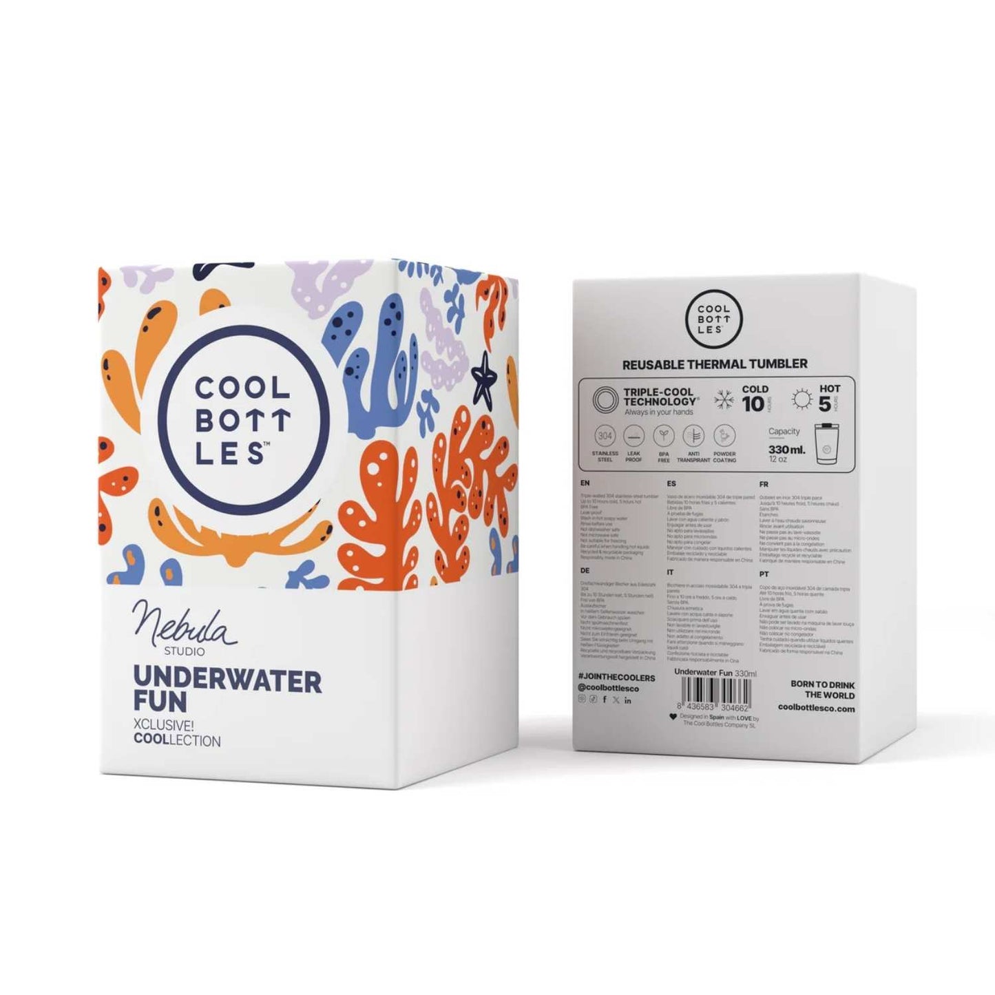 Compra el vaso térmico Cool Bottles The Tumbler Underwater Fun de 330ml. Diseño marino exclusivo de Nebula Studio Bcn con relieve 3D y tecnología Triple Cool.