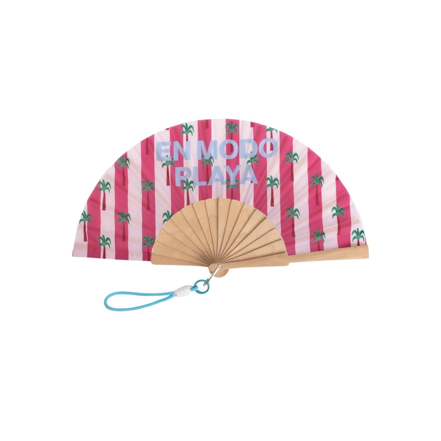 Abanico "En modo playa" de madera y tela. El regalo ideal para amantes del mar. Incluye colgador de mano y caja decorativa. Diseñado en España para combatir el calor con estilo.