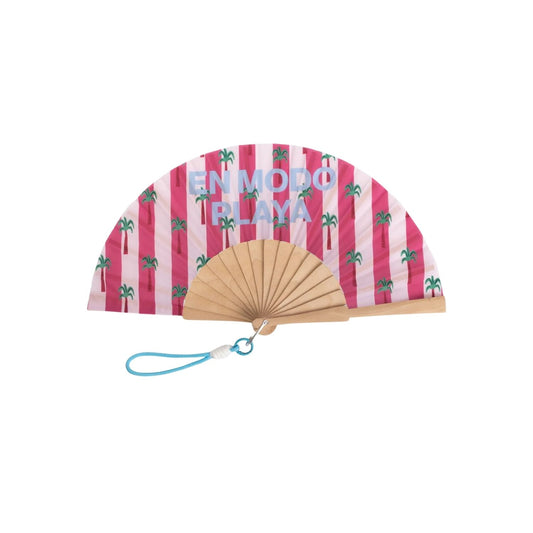 Abanico "En modo playa" de madera y tela. El regalo ideal para amantes del mar. Incluye colgador de mano y caja decorativa. Diseñado en España para combatir el calor con estilo.