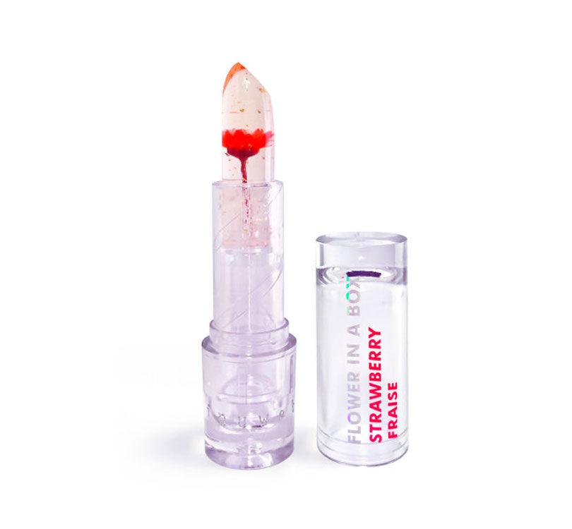 barra transparenten con flor roja nuestro labial con flores reales y aroma a fresa! Este labial tiene un poder especial para ti: ¡se adapta al pH de tus labios y les da un tono rosado perfecto y único!