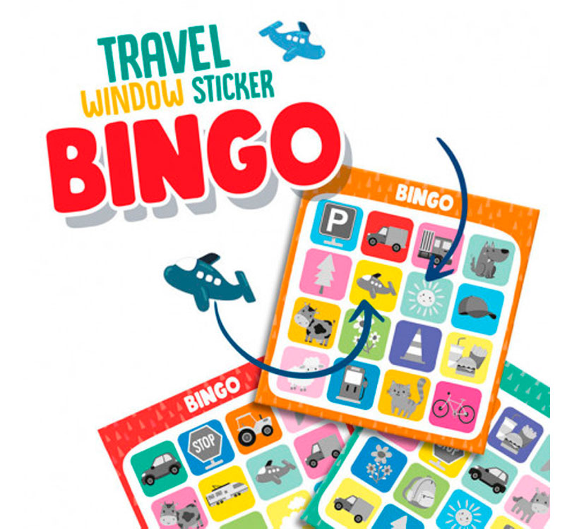 bingo de viaje que incluye pegatinas para ventanas. ¡Hacer recorridos en coche nunca fue tan entretenido, sin importar la distancia! Coloca todas las pegatinas reposicionables de ventanas, en las ventanas de los asientos de los peques del auto y asegúrate de tener a mano tu cartón de bingo.MARCA SES