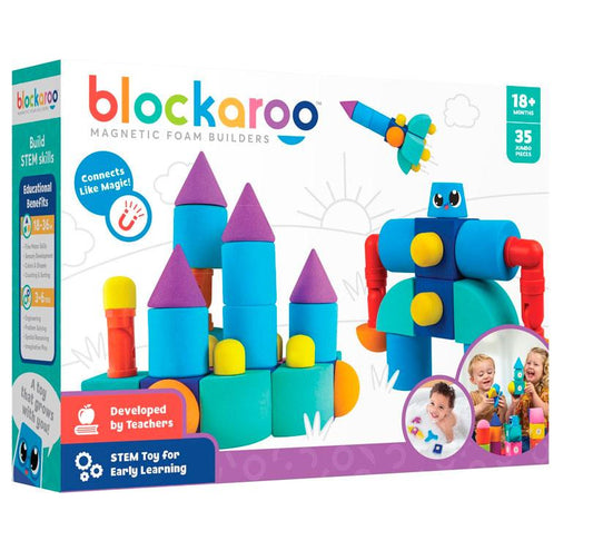 Caja de los  bloques de construcción Blockaroo magnéticos Castillo!  Este set grande con 35 bloques de espuma suaves, son perfectos para niños pequeños y preescolares. ¡Conéctalos mágicamente y desata su creatividad sin límites!