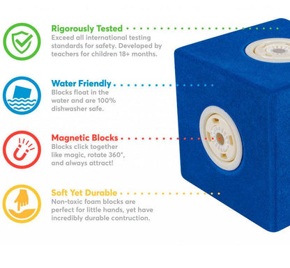 Características de la pieza bloques de construcción Blockaroo magnéticos Robot!  Estos bloques de espuma suave son perfectos para niños pequeños y preescolares. ¡Conéctalos mágicamente y desata su creatividad sin límites!  Construye, apila y gira los bloques en todas las direcciones, ¡nunca se repelen! Además, son seguros para jugar en el baño, convirtiendo la hora del baño en una experiencia emocionante. ¡es un juego increíble!