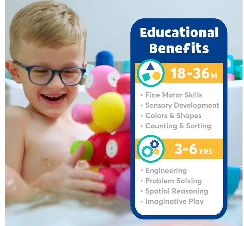 resumen de los Skills de los bloques de construcción Blockaroo magnéticos Submarino!  Estos bloques de espuma suave son perfectos para niños pequeños y preescolares. ¡Conéctalos mágicamente y desata su creatividad sin límites!  Construye, apila y gira los bloques en todas las direcciones, ¡nunca se repelen! Además, son seguros para jugar en el baño, convirtiendo la hora del baño en una experiencia emocionante. ¡es un juego increíble!