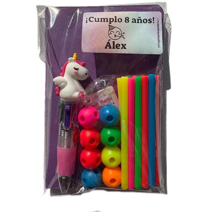 Bolsita cumple Mini bolígrafo multicolor + libreta lisa+bolsita 24 Meli stick neón - manodesantaoficial
