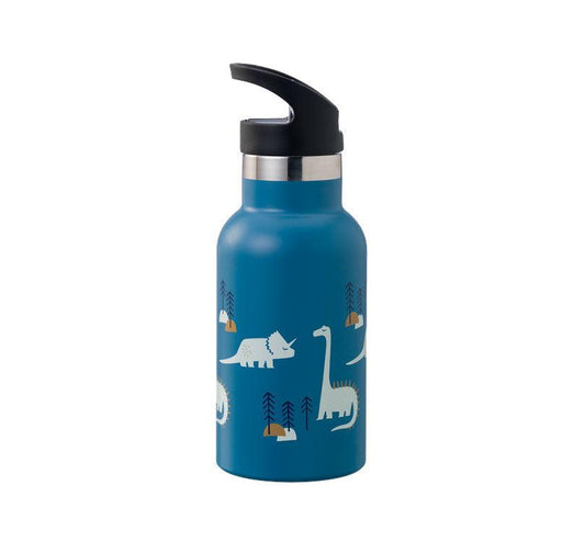 Botella térmica Dinosaurio de Fresk! Con capacidad de 350 ml, es ideal para llevar al cole o en salidas.  Con dos tapones diferentes, uno con rosca y otro con pajita para adaptarse a las necesidades de tus pequeños. Además, viene con un cepillo para facilitar la limpieza de la boquilla-pajita. azulelectrico con estampado de dinos blancos