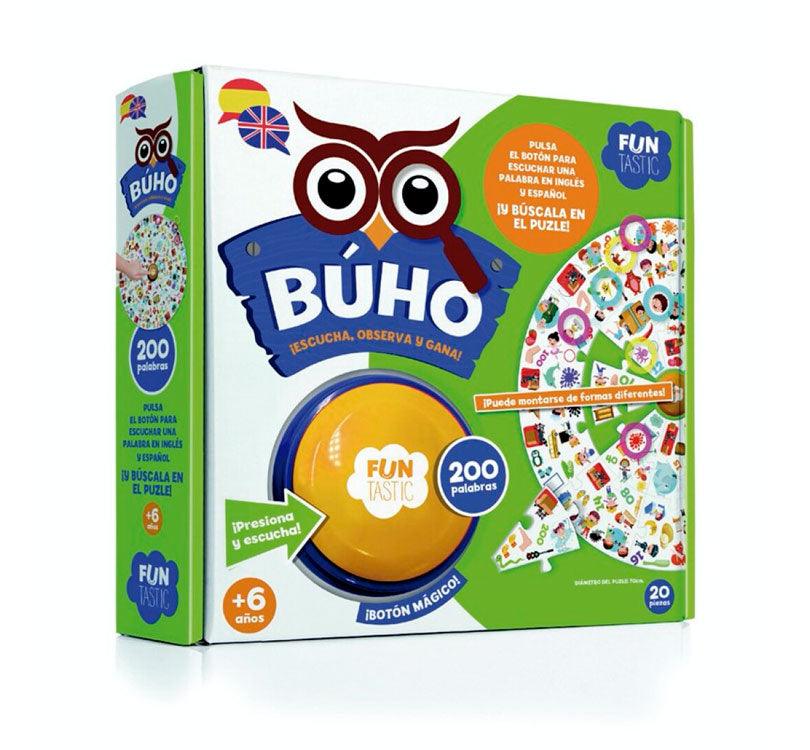 caja del juego El innovador juego Búho es ideal para aprender y afianzar vocabulario en español e inglés y  hará que aprender sea muy divertido.  Con solo apretar un botón, tus hijos escucharán una palabra en inglés y luego en español. El amplio tablero presenta más de 200 imágenes de objetos y actividades de la vida diaria.