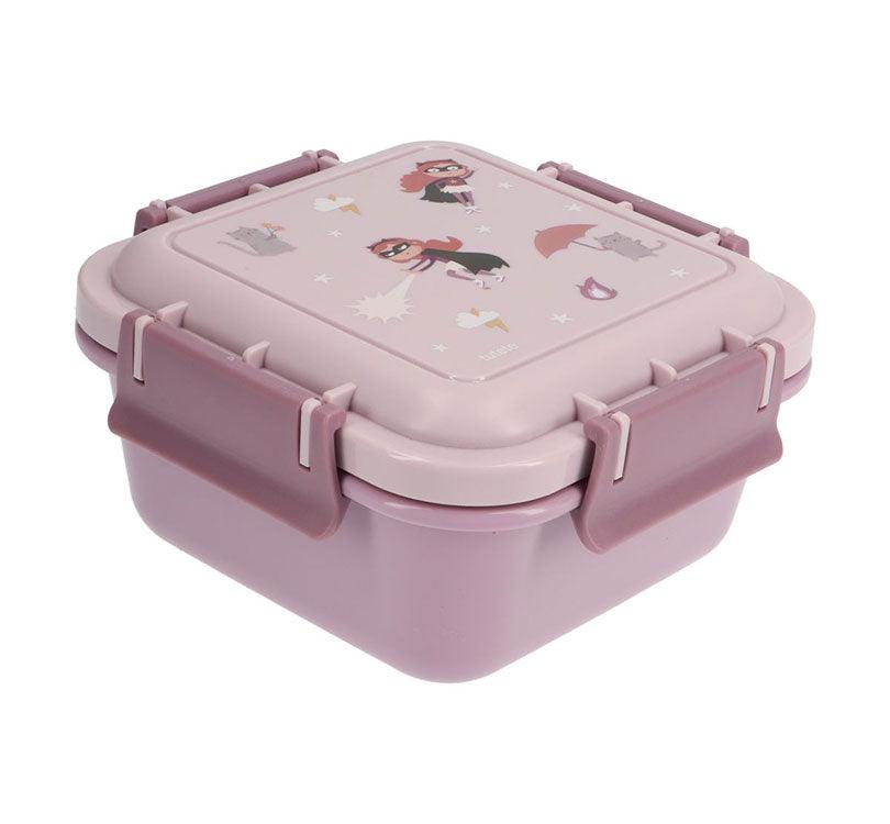 caja de almuerzo peueña de la colección fantastic girl en color lila con detalles de superheroes de tutete