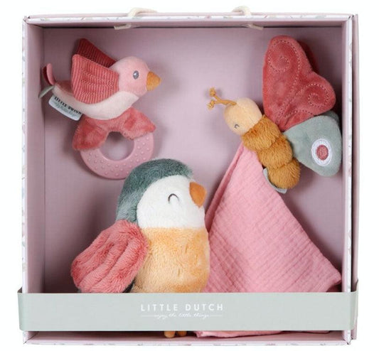 caja de regalo de nacimiento de Little Dutch flores y mariposas con du du con mariposa, peluche de gorrión y moderador con golondrina