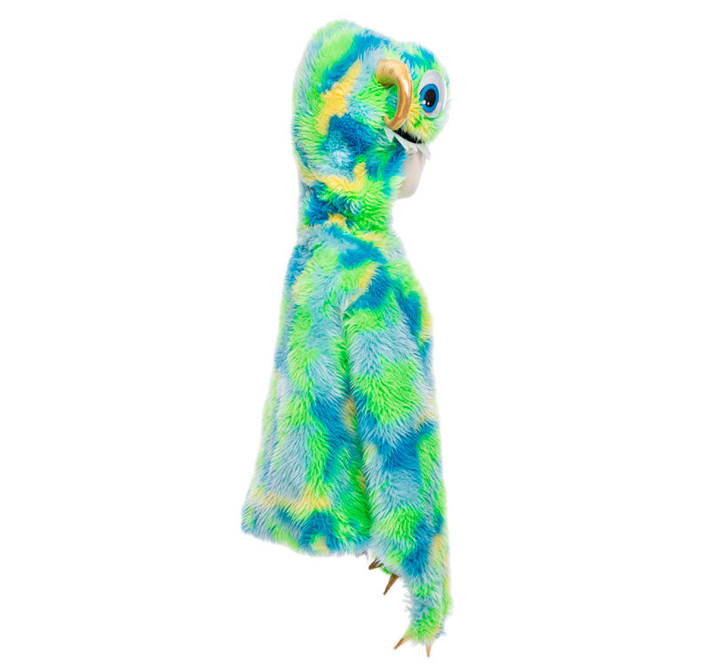 Sumérgete en el mundo de las criaturas místicas con la cautivadora mezcla de vibrantes tonos azules y verdes, elegantemente arremolinados en un fascinante estampado tie-dye. vista lateral