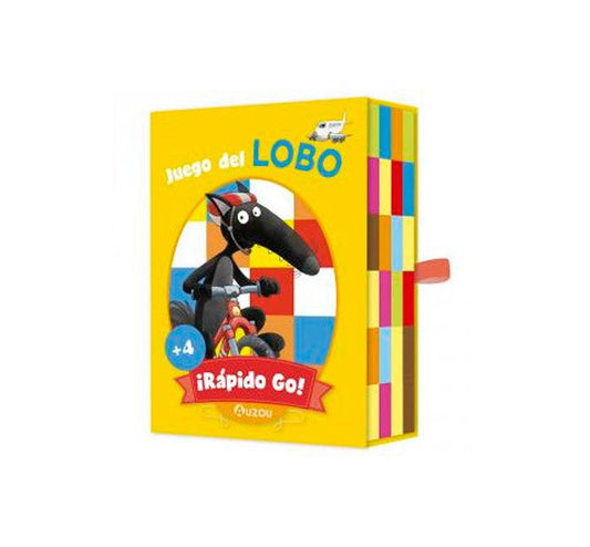 caja del juego de cartas el lobo rápido Go de la marca Auzou en coló amarillo con la ilustración del lobo y el cajetín de colores