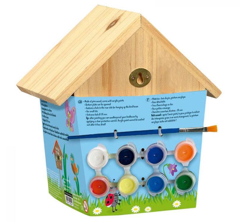 casita para pájaros de madera para pintar de la marca Moses parte trasera con pinturas y pinceles