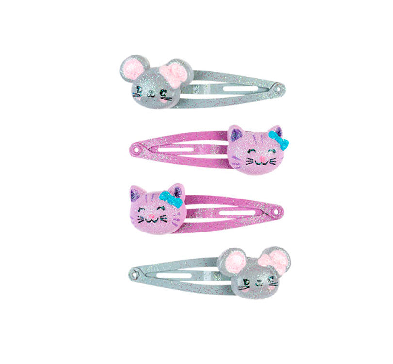 estas brillantes pinzas para el pelo. Puedes poner estas pinzas de gato y ratón en morado y gris cn purpurina marca SOUZA