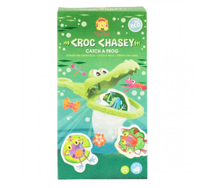 Caja de venta del coco drilos Croc Chase atrapa ranas de la marca tiger tirbe en color verde y ranas de colorines en foam