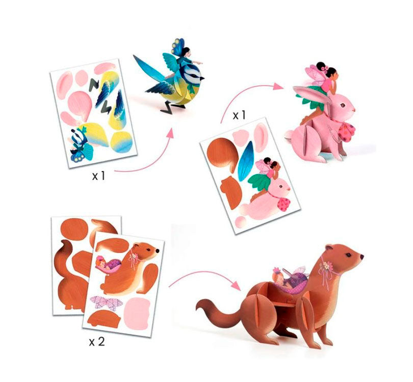 figuras 3d del conjunto de actividades creativas que estimulan la imaginación y la creatividad de los niños. Con temática de hadas, flores y animales, el set Djeco ofrece horas de entretenimiento con6 actividades variadas como:  acuarelas, laminas de rascar, figuras en 3D, sellos, collage metalizados y escenarios en 3D