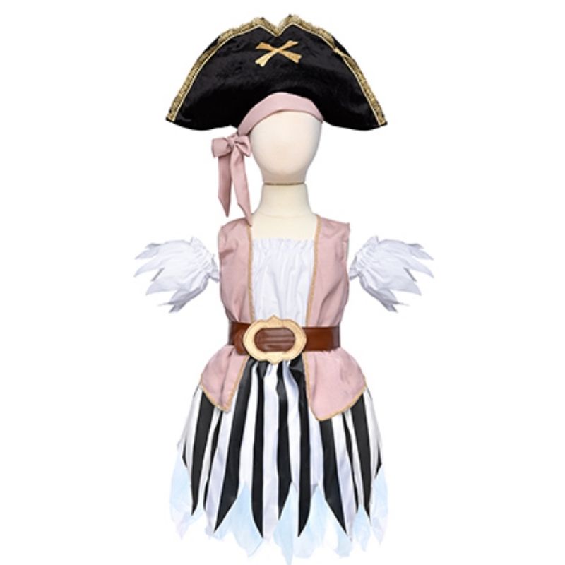 vestido de Pirata. Es perfecto para que tu hija se sienta como una Pirata del mar. Combina mangas rotas, falda de rayas negras y blancas, un precioso sombrero pirata y un más que estiloso chaleco rosa con maniqui