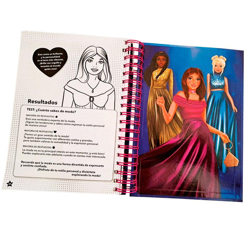 Cuaderno de manualidades con pequeños stickers de diamantes  para añadir a unas páginas especiales. Las páginas son perfectas para crear diseños de moda, y las gemas añaden un toque de brillo y glamour. consejos