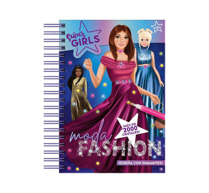 Cuaderno de manualidades con pequeños stickers de diamantes  para añadir a unas páginas especiales. Las páginas son perfectas para crear diseños de moda, y las gemas añaden un toque de brillo y glamour. packaging