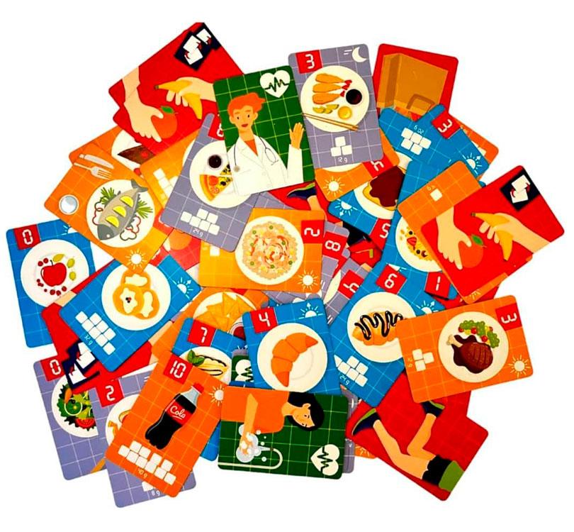 CARTAS DEL JUEGO DE CARTAS DEASIADO AZUCAR CAJA DE COLOR ROJO CON DIBUJOS DE ALIMENTOS POCO SALUDABLES DE LA MARCA IMAGILAND