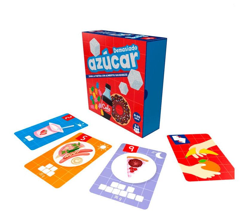 JUEGO DE CARTAS DEMASIADO AZUCAR CAJA DE COLOR ROJO CON DIBUJOS DE ALIMENTOS POCO SALUDABLES  Y CARTAS DEL JUEGO DE LA MARCA IMAGILAND