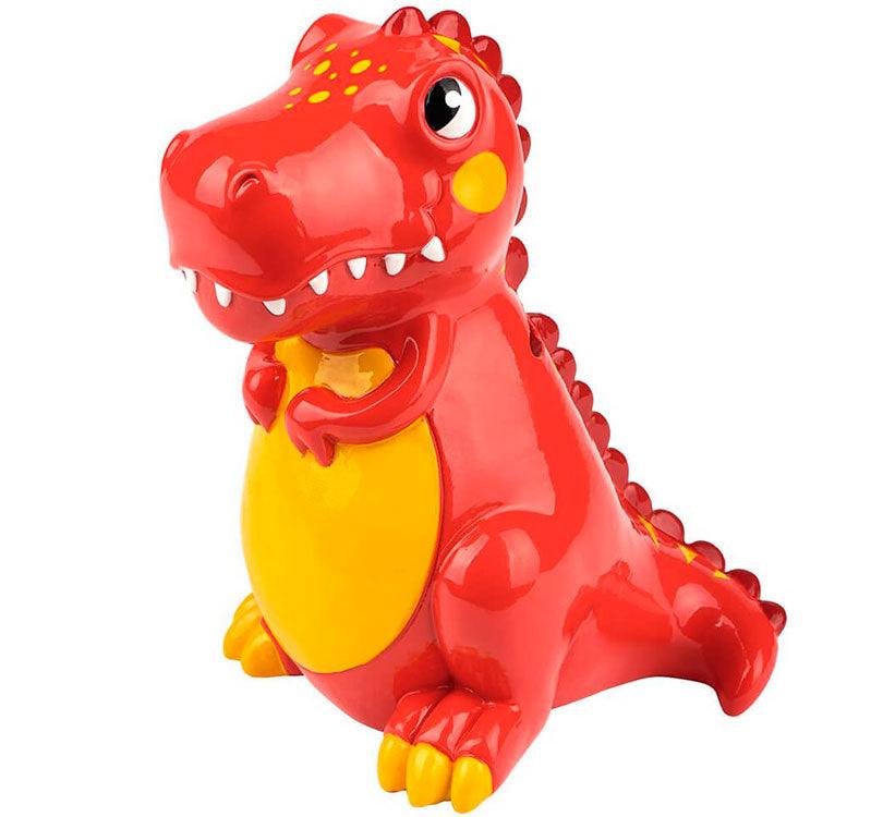 hucha con forma de dinosaurio de color rojo con barriga amarilla y forma de T Rex