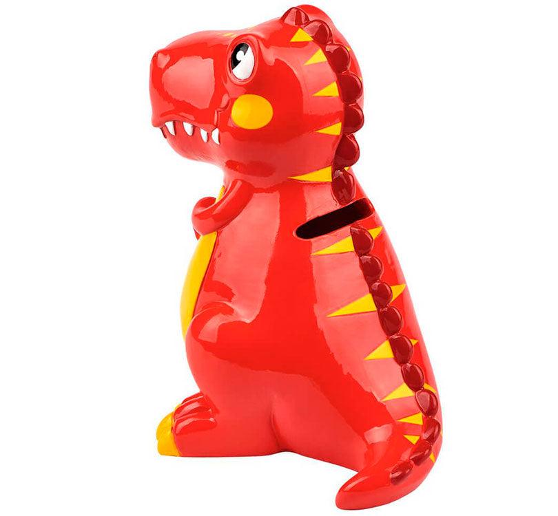 espalda con ranura para las monedas de la hucha con forma de dinosaurio de color rojo con barriga amarilla y forma de T Rex