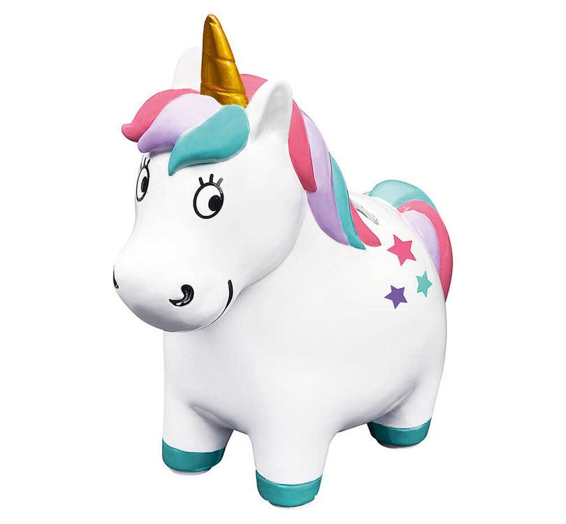 Hucha de resina con forma de unicornio blanco con los pelos de Colors en turquesa, lila y rosa con cuerno dorado