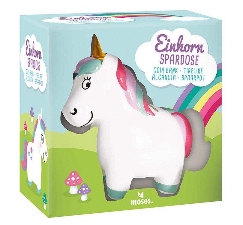 caja de regalo de la Hucha de resina con forma de unicornio blanco con los pelos de Colors en turquesa, lila y rosa con cuerno dorado