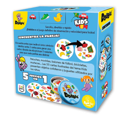 Dobble Kids para los más peques!  ¡Muévete rápido, observa las cartas de tus rivales y encuentra el dibujo idéntico antes que nadie! Estimula el desarrollo de la memoria, la atención, la rapidez mental y la agudeza visual juego de viaje marca Asmodee caja