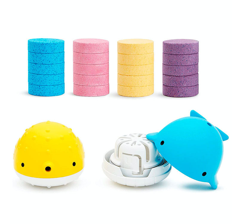 Pack de 20 bombas de baño de colores y 2 juguetes dispensadores. con forma de pez globo y Baena de la marca Munchkin