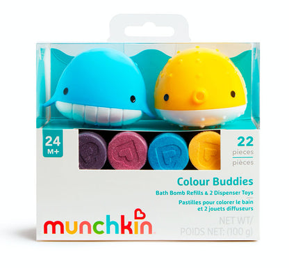 packaging de Pack de 20 bombas de baño de colores y 2 juguetes dispensadores. con forma de pez globo y Baena de la marca Munchkin