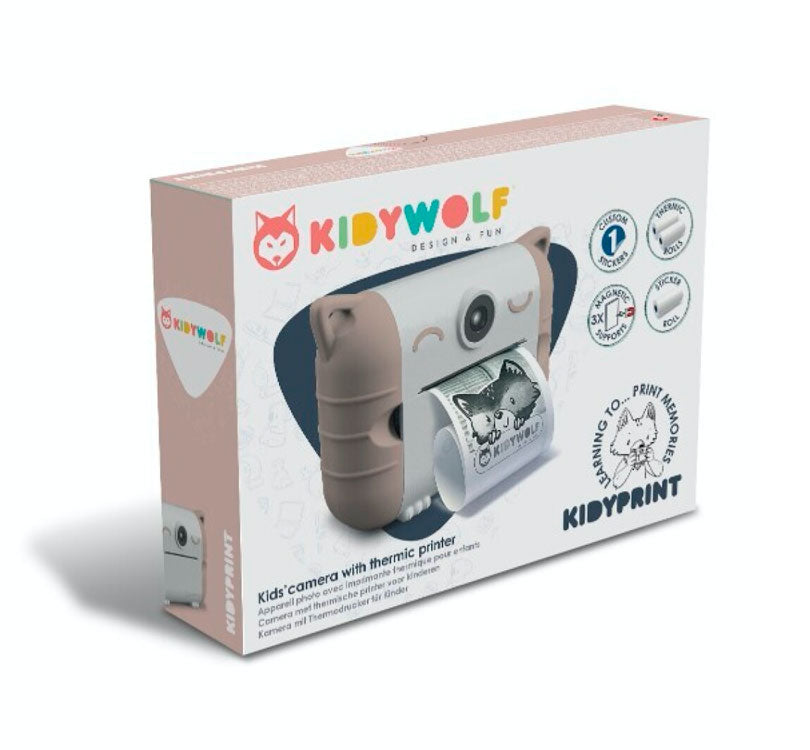 CAJA DE LA  KIDYPRINT es para ti: con esta cámara de fotos digital para niños con su impresora térmica integrada, los niños pueden capturar sus momentos más preciados e imprimirlos sin una gota de tinta.  COLOR MELOCOTÓN KIDYWOLF