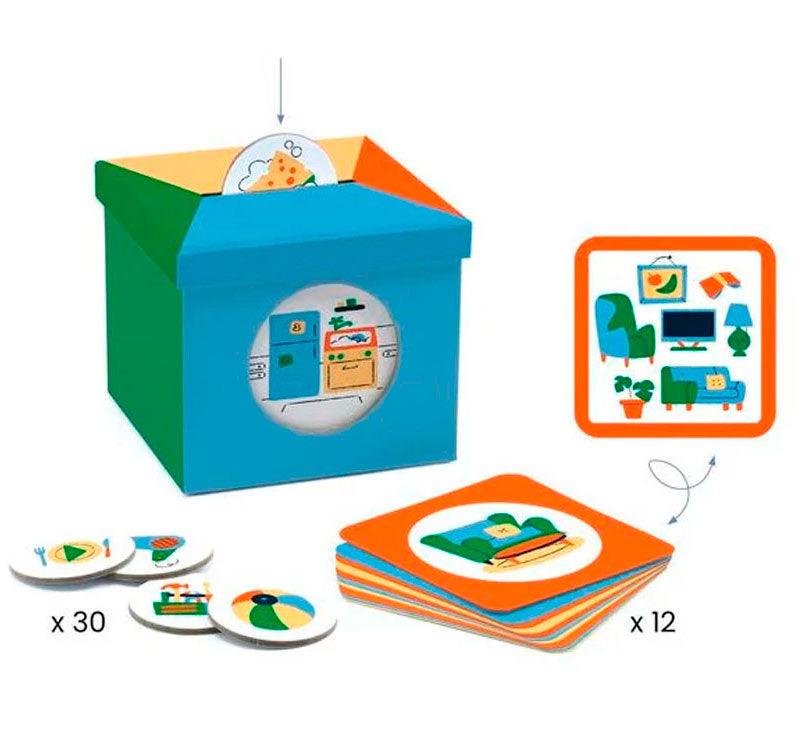 cantidad de cada material incluido en el juego juego educativo kioukoi Maison es una caja de cartón robusta con forma de hucha construida en varios colores con tarjetas semánticas y fichas de cartón redondeadas con pictogramas de la casa djeco