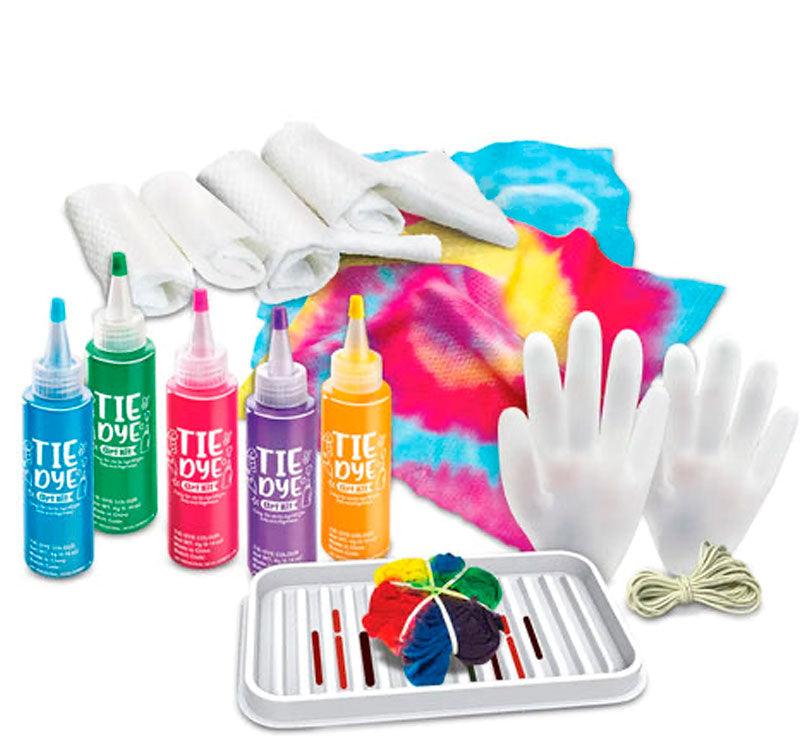 contenido del Kit Tie-Dye! Ideal para niños y principiantes, este kit es divertido y fácil de usar.  ¡Desata tu creatividad y crea camisetas, toallas y bolsos únicos en una maravillosa variedad de colores y diseños!