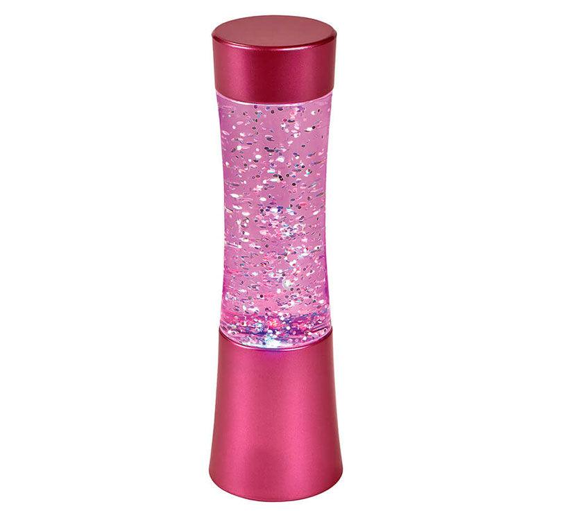 lamparilla de la calma de tamaño pequeño en color rosa con purpurina y luces led de colores variados