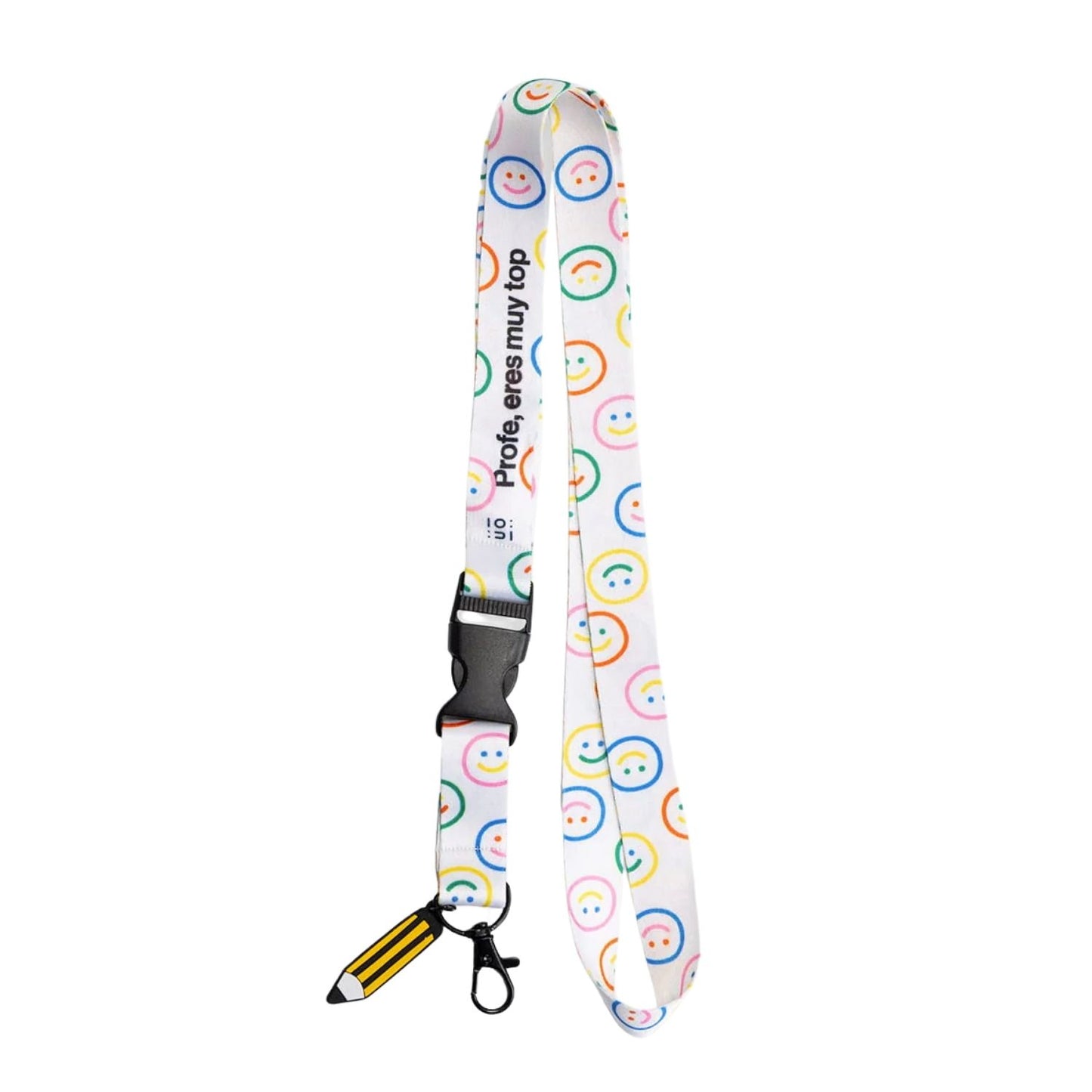 Lanyard "Profe, eres muy top" reciclable y de alta calidad HD. Cinta de 20mm con acabado brillo, ideal para llaves e identificación. El detalle práctico y tierno para profesores.