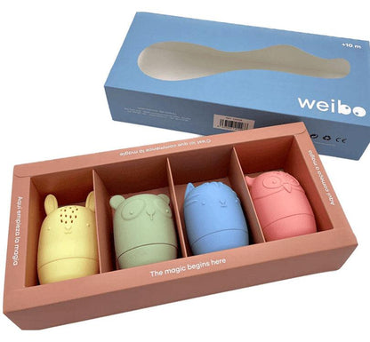 CAJA DE PACKAGING lanzachorros de silicona con formato de animales y divisibles en dos partes en colores pastel amarillo, verde, rosa pastel y azul celeste de la marca WEIBO