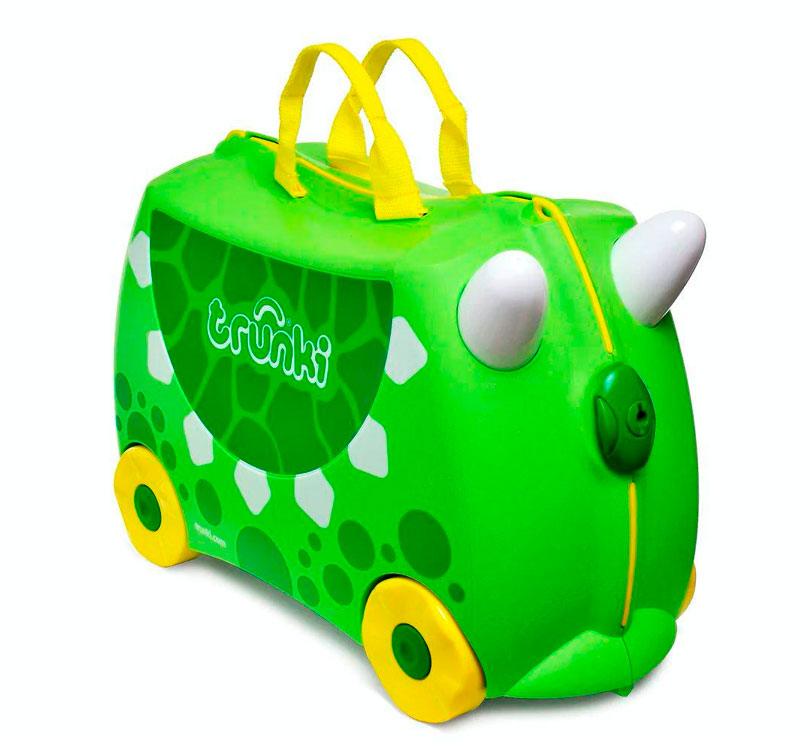 maleta infantil trunki con capacidad para 18 litros en color verde y con detalles de dinosaurio de la marca trunki