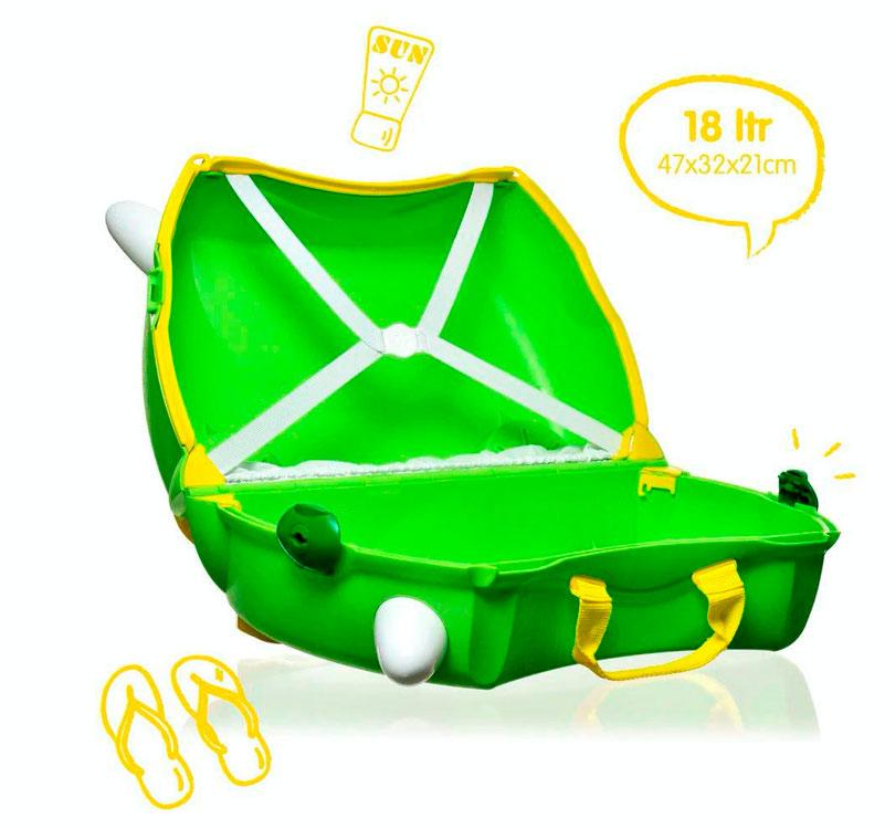 abierta maleta infantil trunki con capacidad para 18 litros en color verde y con detalles de dinosaurio de la marca trunki