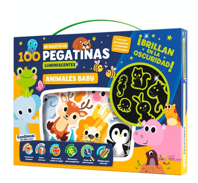 Maletín Con 100 pegatinas reposicionables que brillan en la oscuridad, un cuadernillo juegos,   vocabulario en inglés, escenarios para poner las pegatinas y hasta escenas para colorear! ¡Nos encanta el mundo de los Animales bebé!