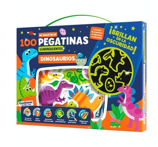 Maletinde Con 100 pegatinas reposicionables que brillan en la oscuridad, un cuadernillo juegos,   vocabulario en inglés, escenarios para poner las pegatinas y hasta escenas para colorear! ¡Nos encanta el mundo de los dinosaurios!