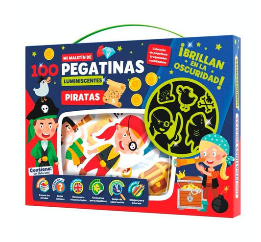 Maletín Con 100 pegatinas reposicionables que brillan en la oscuridad, un cuadernillo juegos,   vocabulario en inglés, escenarios para poner las pegatinas y hasta escenas para colorear!¡Nos encanta el mundo de los piratas! ¡La vida pirata la vida mejor!