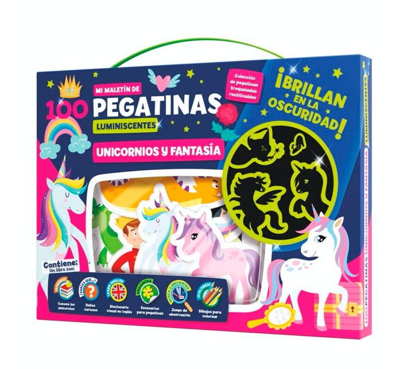 pequeño maletín con 100 pegatinas reposicionables que brillan en la oscuridad, un cuadernillo juegos,   vocabulario en inglés, escenarios para poner las pegatinas y hasta escenas para colorear!¡Nos encanta el mundo de la fantasía!