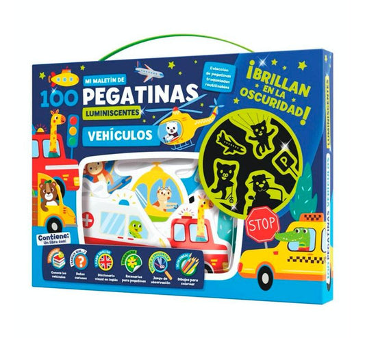 maletín de 00 pegatinas reposicionables que brillan en la oscuridad, un cuadernillo juegos,   vocabulario en inglés, escenarios para poner las pegatinas y hasta escenas para colorear! ¡Nos encanta el mundo de los vehículos!